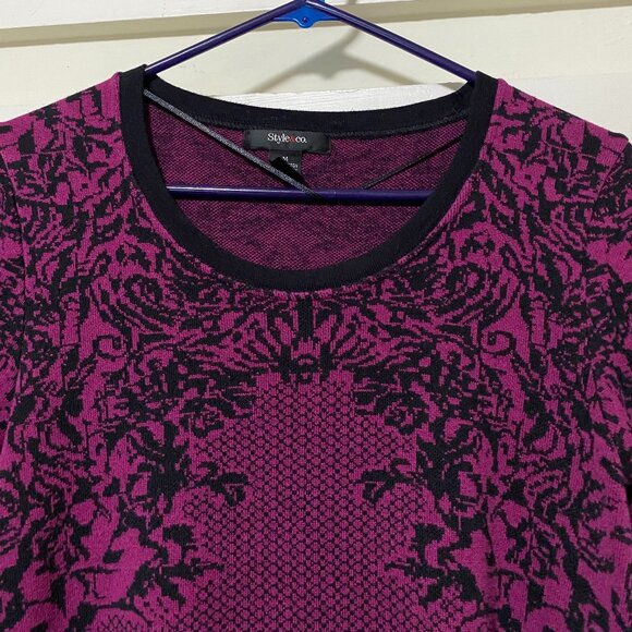 Style & Co. long bell sleeve, magenta sweater w/black flowers, size M - Picture 2 of 9